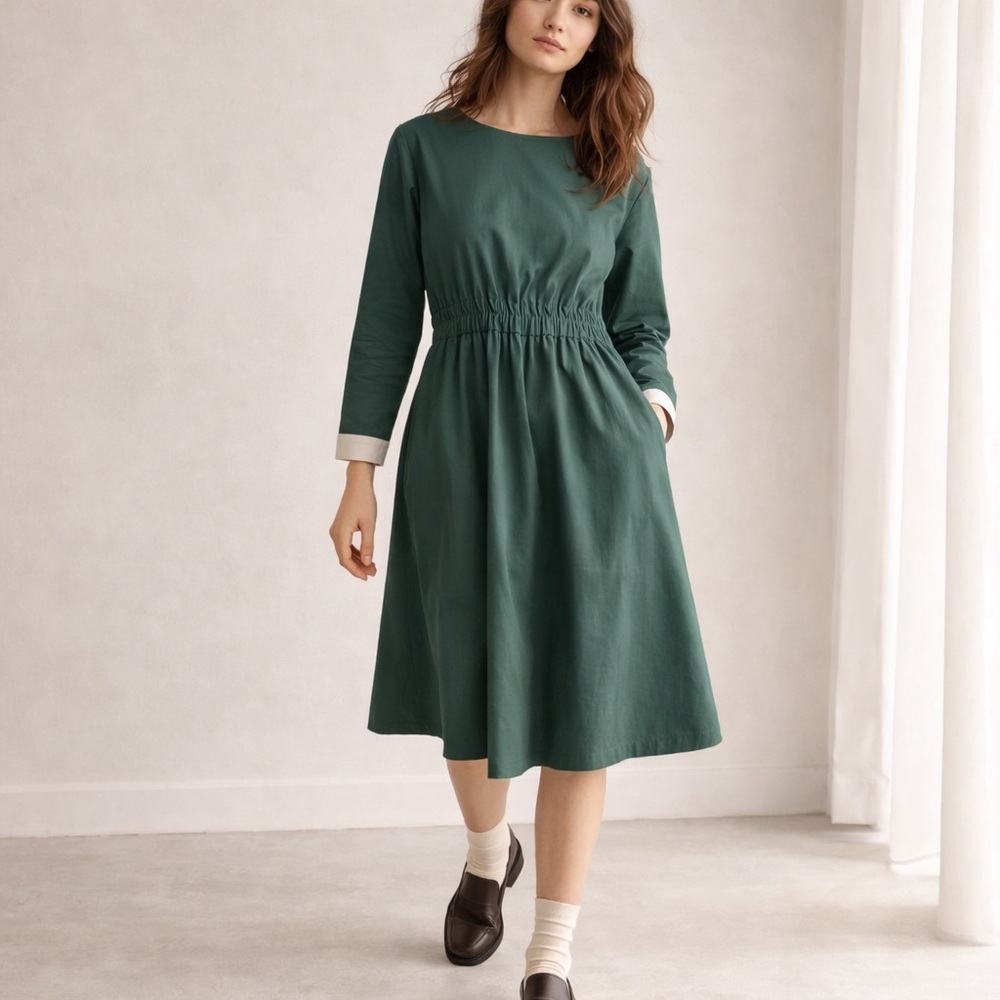 Tra Mad Rke Green Cotton Dress 6 Minimalist Structured Schoolgirl Midi